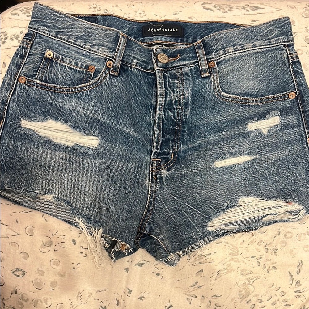 Aeropostale Women's Distressed Jean Shorts in Blue Wash